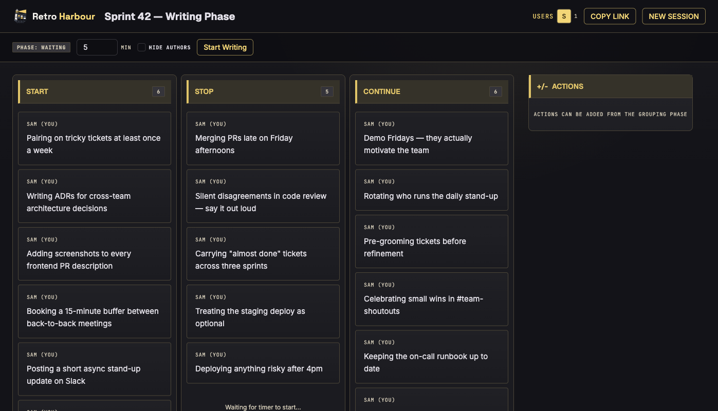Writing phase showing cards being added with timer running